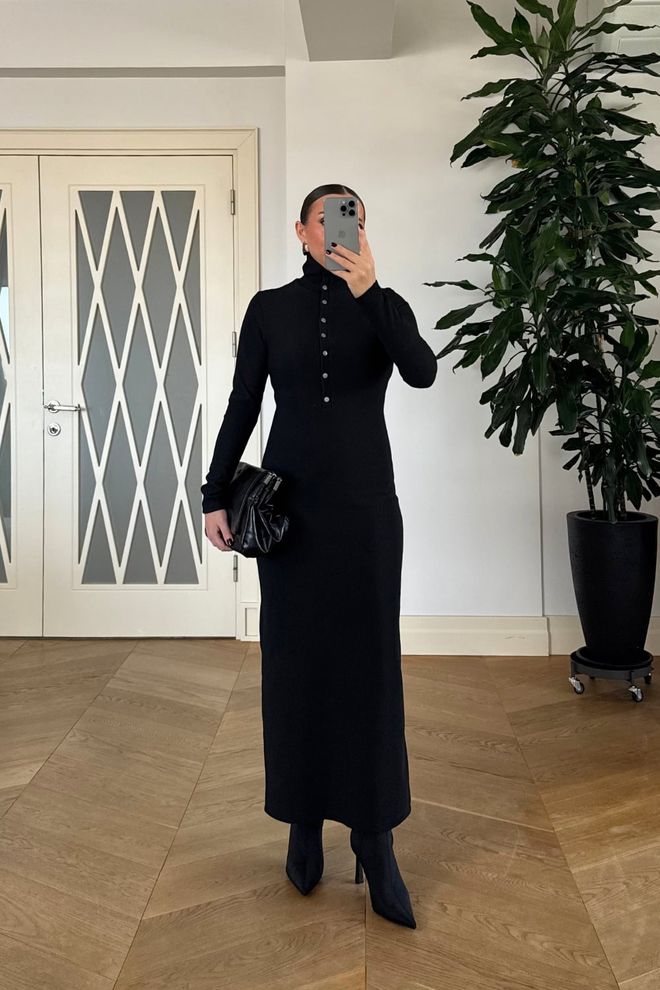 Tuba Black Elegant Bodycon Dress With Polo Neck Wholesale Clothing Work