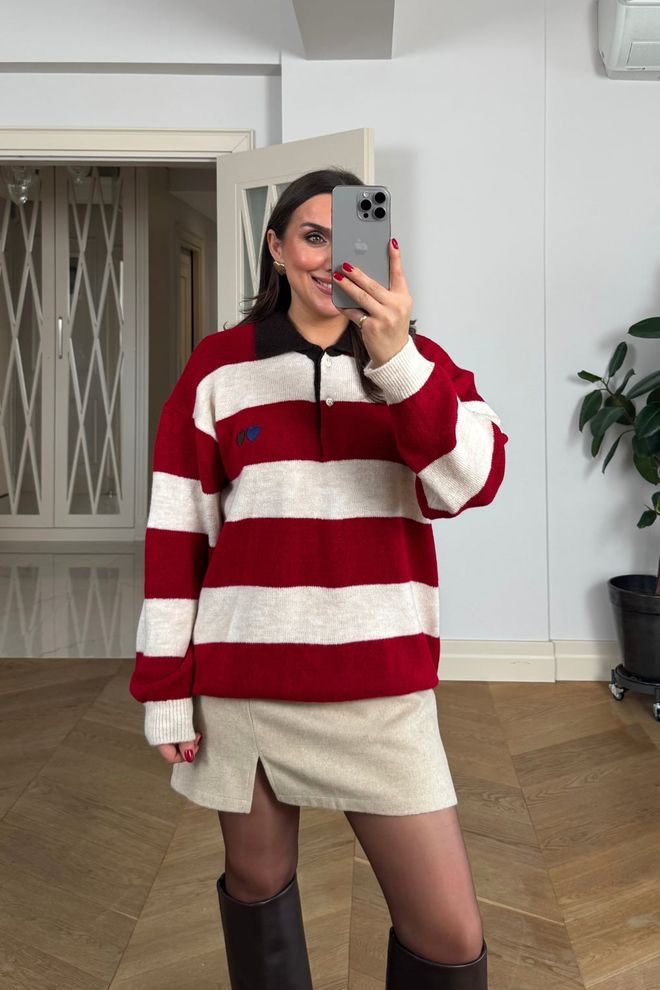 Tuba Kırmızı Gündelik Kolej Çizgili Bol Kesim Hırka Toptan Giyim Gündelik