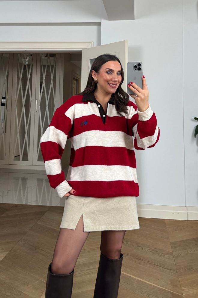 Tuba Red Casual Preppy Striped Oversized Cardigan Wholesale Clothing Fall