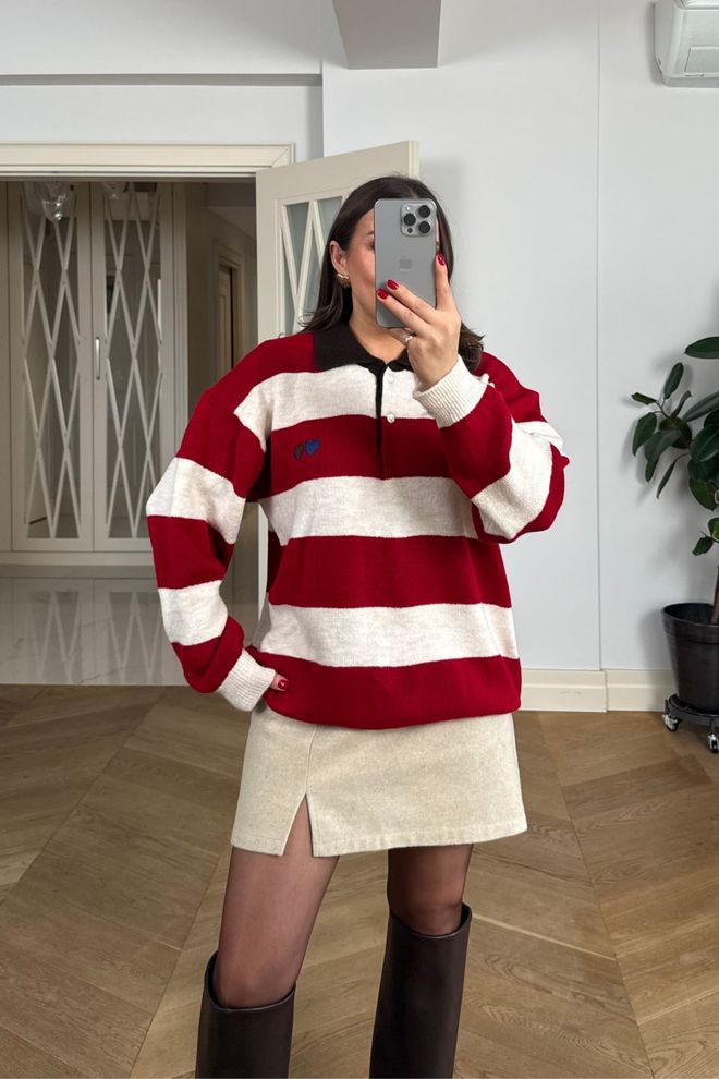 Tuba Red Casual Preppy Striped Oversized Cardigan Wholesale Clothing 1