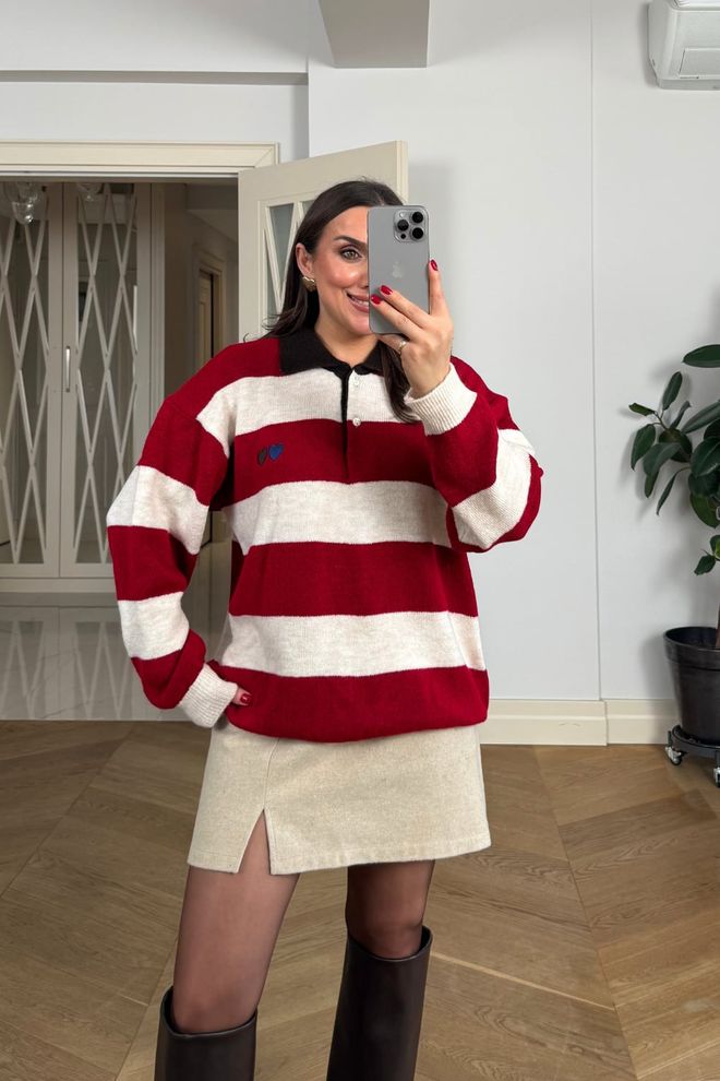 Tuba Red Casual Preppy Striped Oversized Cardigan Wholesale Clothing Lounge