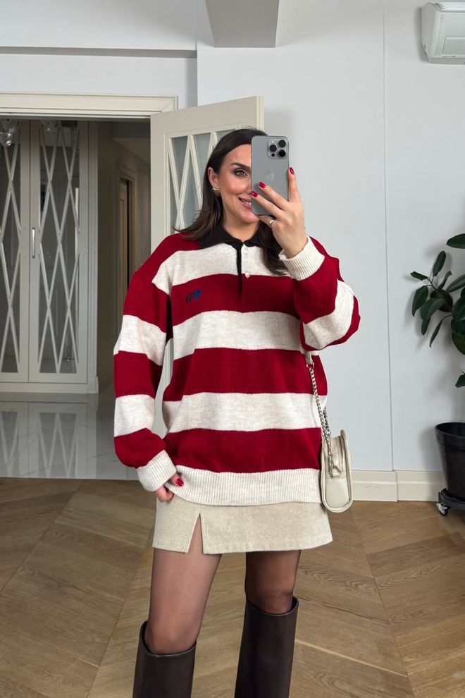 Tuba Red Casual Preppy Striped Oversized Cardigan Wholesale Clothing 5