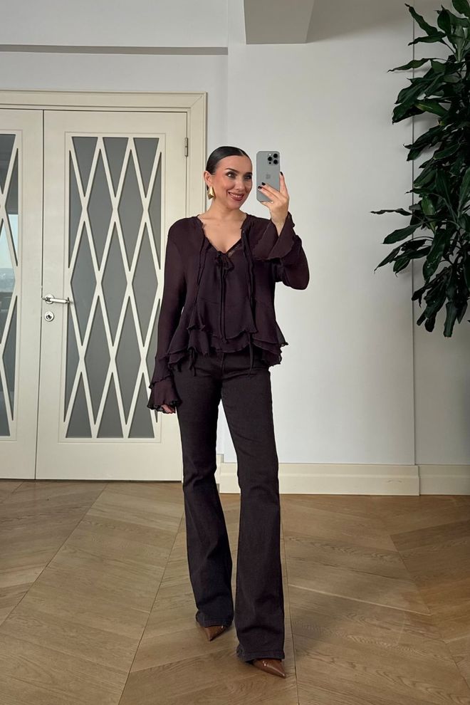 Tuba Black Elegant Tie Closure Ruffle Sleeve Shirt Wholesale Clothing Work