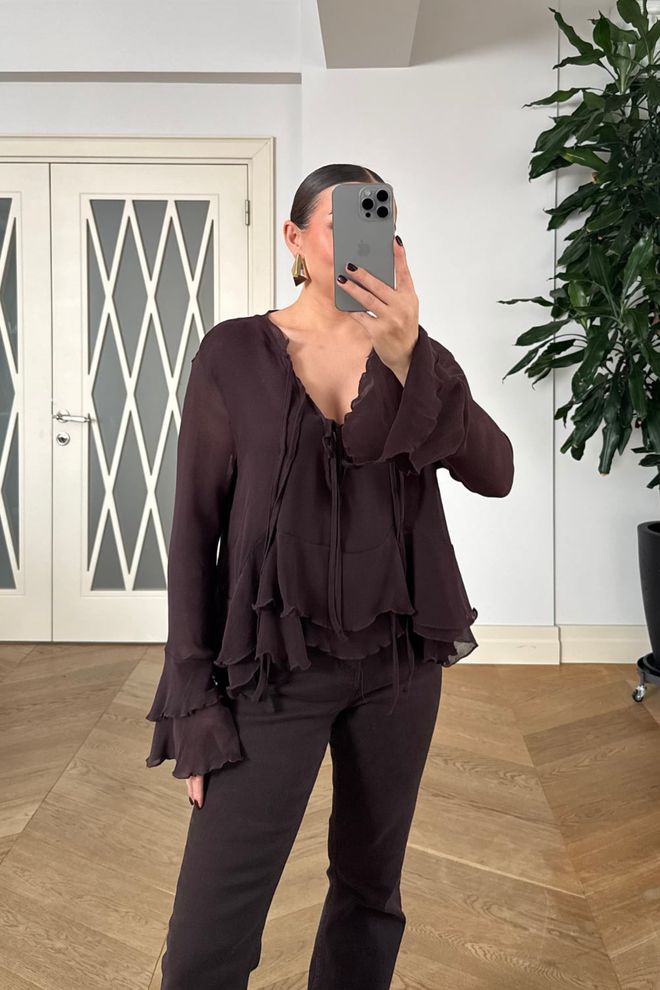 Tuba Black Elegant Tie Closure Ruffle Sleeve Shirt Wholesale Clothing Birthday