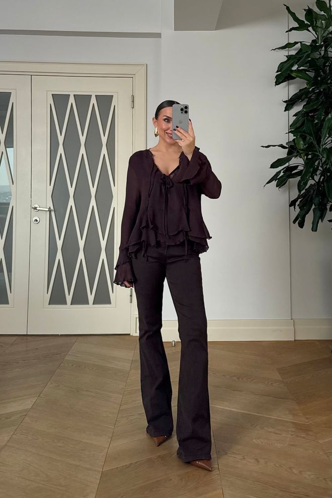 Tuba Black Elegant Tie Closure Ruffle Sleeve Shirt Wholesale Clothing Casual