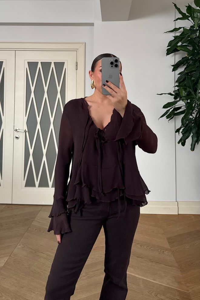 Tuba Black Elegant Tie Closure Ruffle Sleeve Shirt Wholesale Clothing Spring