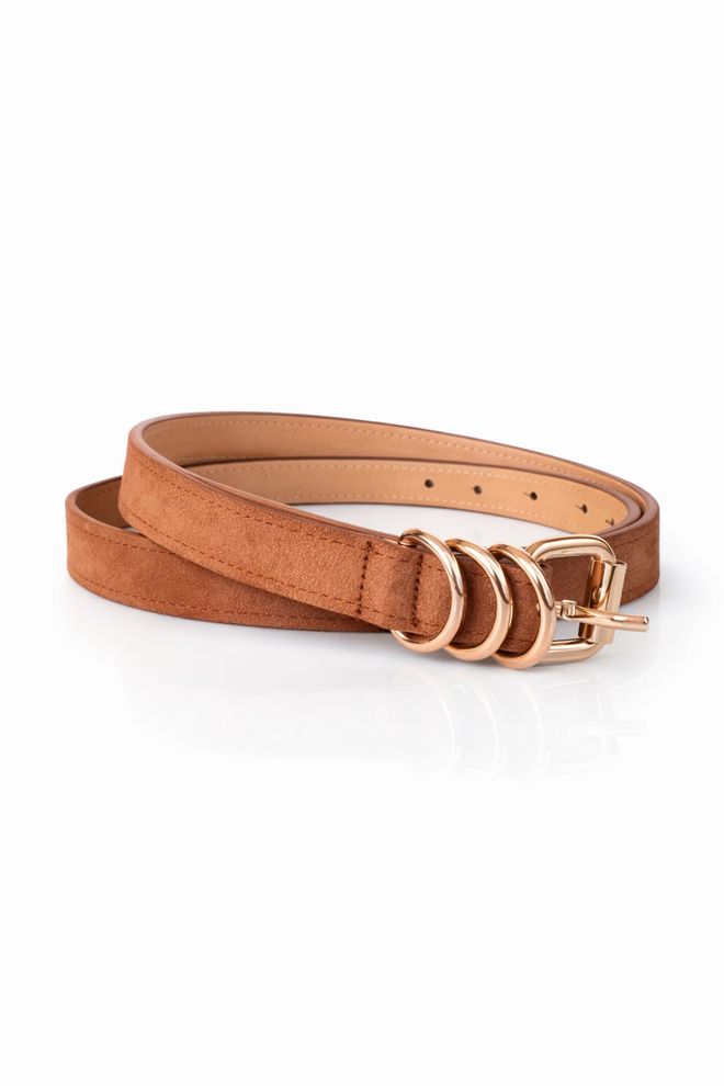 Tuba Faux Suede Women's Belt With Gold Bridge Camel Wholesale Clothing 0