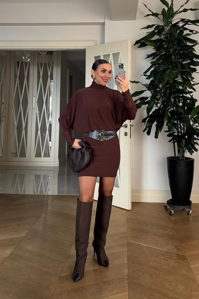 Tuba Brown Elegant Bodycon Mini Dress With Turtle Neck Wholesale Clothing Sexy