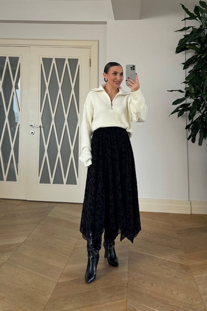 Tuba Black Floral Asymmetrical Midi Skirt Wholesale Clothing Vintage