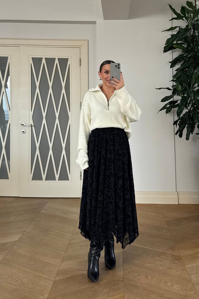 Tuba Schwarzer Floraler Asymmetrischer Midi Rock Mit Mittlerer Taille Großhandelskleidung Lässig