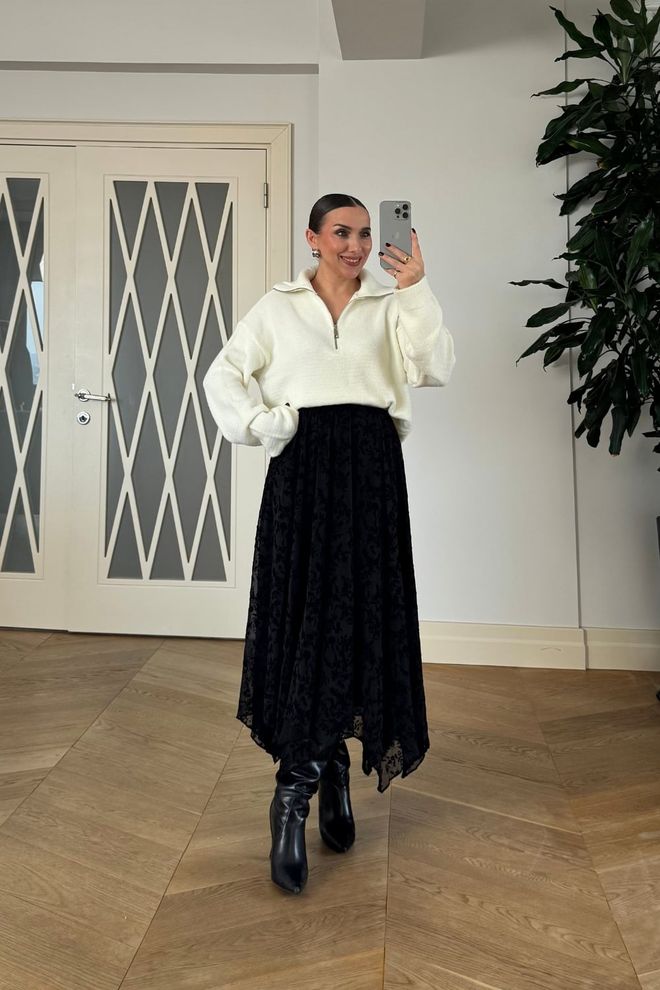 Tuba Black Floral Asymmetrical Midi Skirt Wholesale Clothing 1