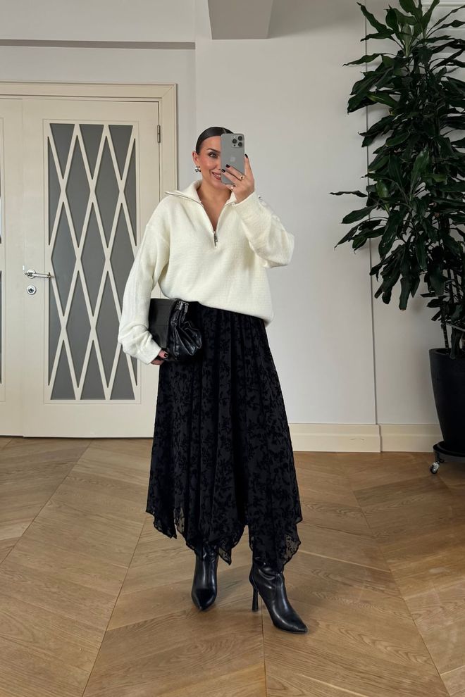 Tuba Black Floral Asymmetrical Midi Skirt Wholesale Clothing Spring