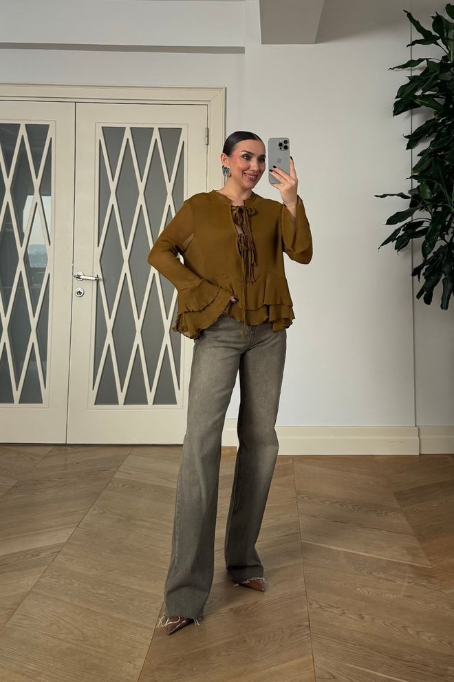 Tuba Brown Boho Tie Closure Ruffle Sleeve Shirt Wholesale Clothing Spring