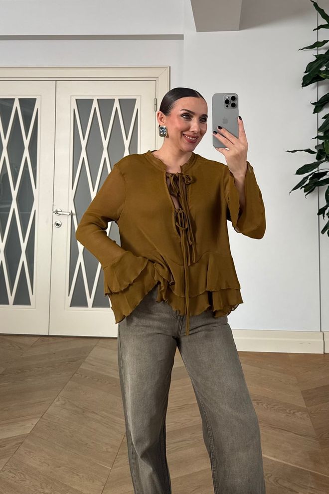 Tuba Brown Boho Tie Closure Ruffle Sleeve Shirt Wholesale Clothing 1