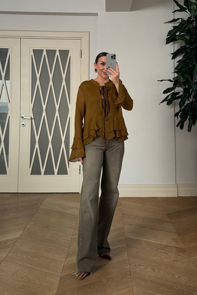 Tuba Brown Boho Tie Closure Ruffle Sleeve Shirt Wholesale Clothing Lounge