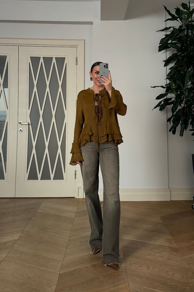 Tuba Brown Boho Tie Closure Ruffle Sleeve Shirt Wholesale Clothing Casual