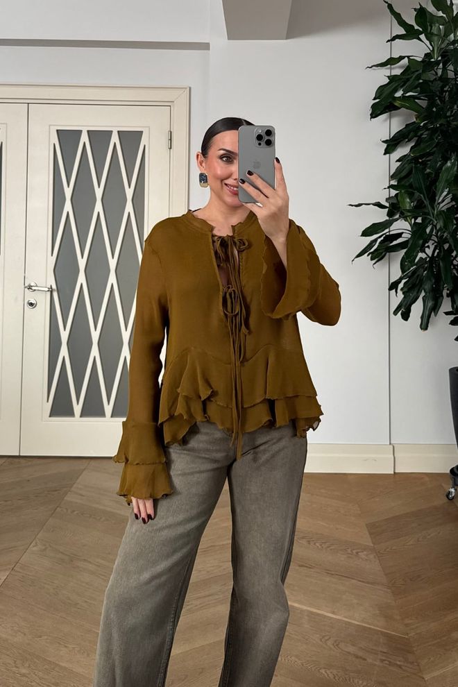 Tuba Brown Boho Tie Closure Ruffle Sleeve Shirt Wholesale Clothing 5