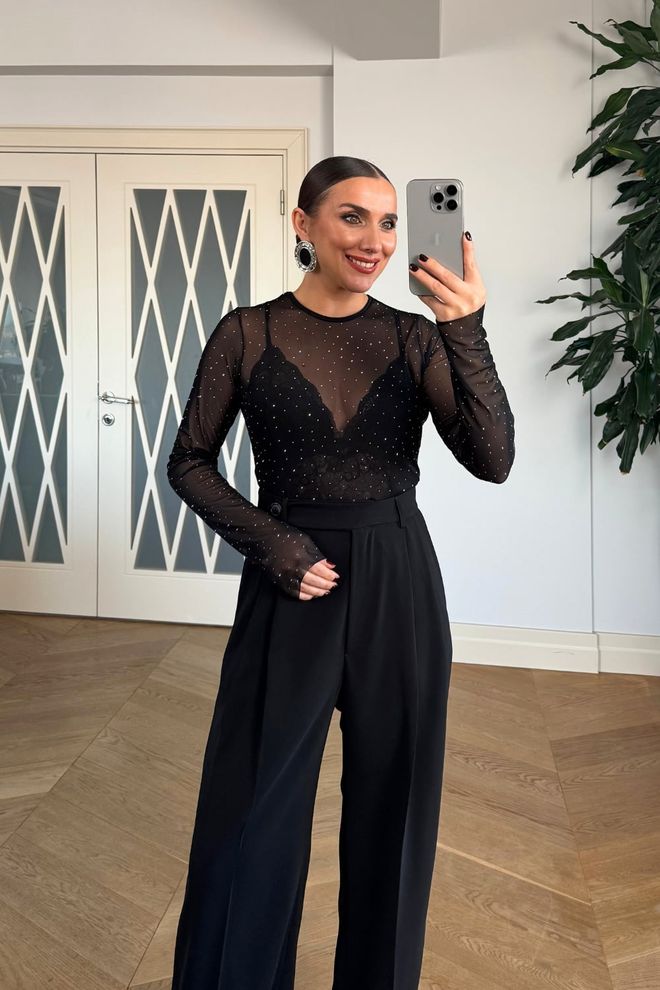 Tuba Chemise Noire Élégante À Paillettes Coupe Slim Vêtements en gros Ancien