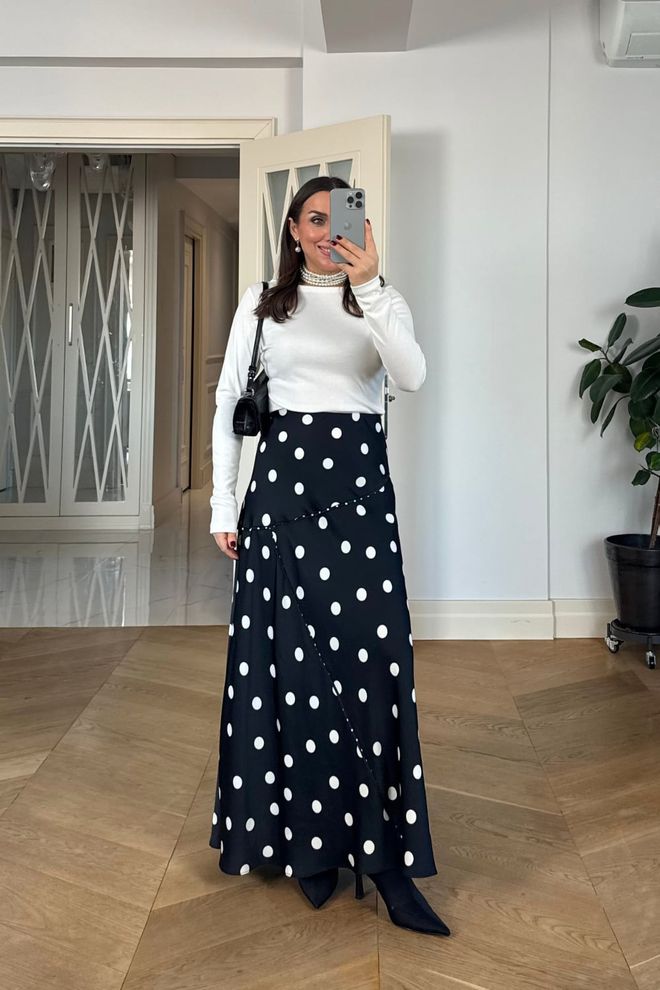 Tuba Black Flared Maxi Skirt With Polka Dot Pattern Wholesale Clothing Spring