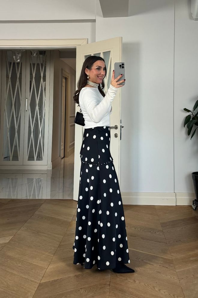Tuba Black Flared Maxi Skirt With Polka Dot Pattern Wholesale Clothing Birthday
