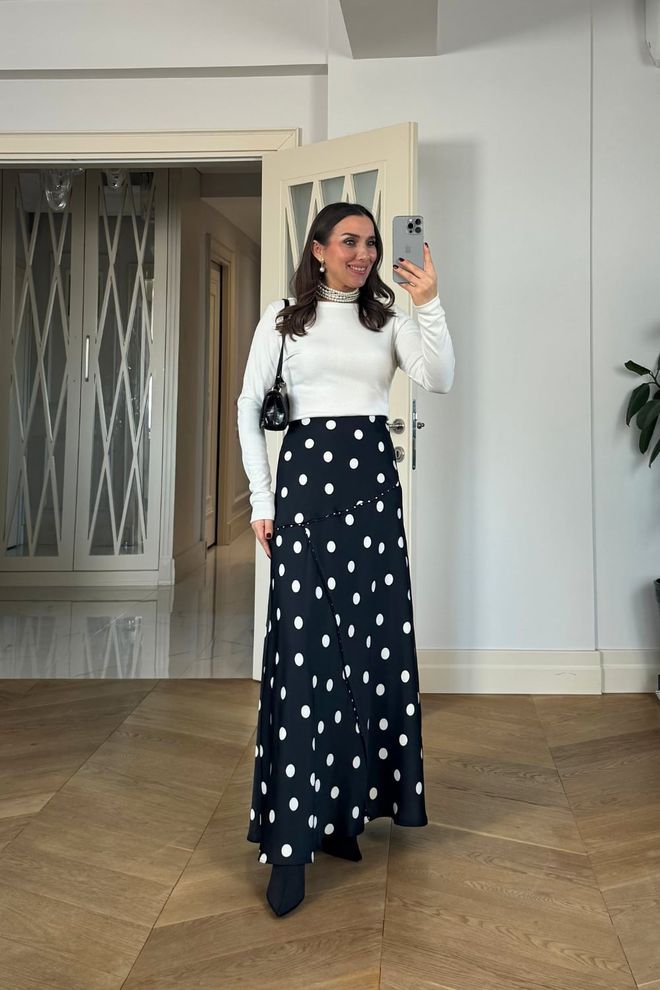 Tuba Falda Negra Acampanada Maxi Con Estampado De Lunares Ropa al por mayor Modesto