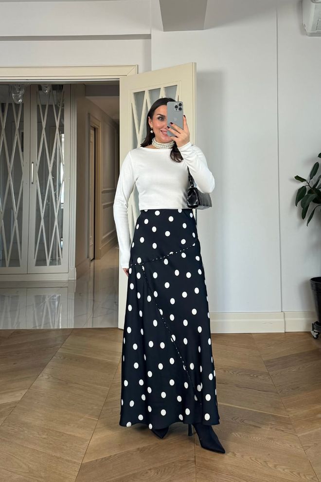 Tuba Black Flared Maxi Skirt With Polka Dot Pattern Wholesale Clothing 5