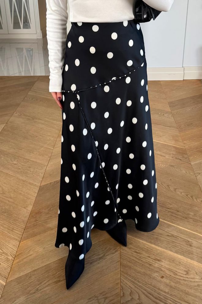 Tuba Black Flared Maxi Skirt With Polka Dot Pattern Wholesale Clothing Work