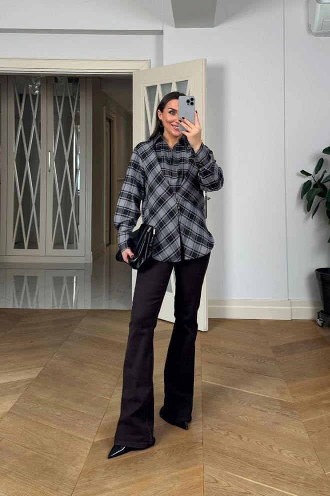 Tuba Chemise Grise À Carreaux Col Polo Coupe Oversize Vêtements en gros Décontracté