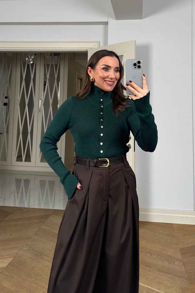 Tuba Green Slim Fit Buttoned Cardigan With High Neck Wholesale Clothing Modest