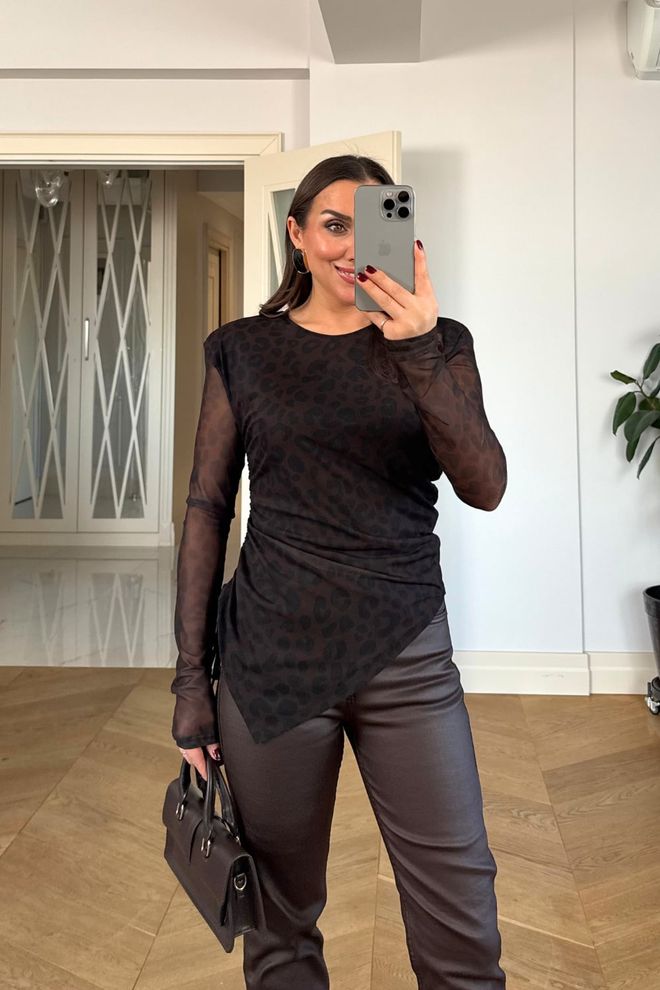 Tuba Chemise Noire Slim Fit À Motif Animalier Vêtements en gros Décontracté