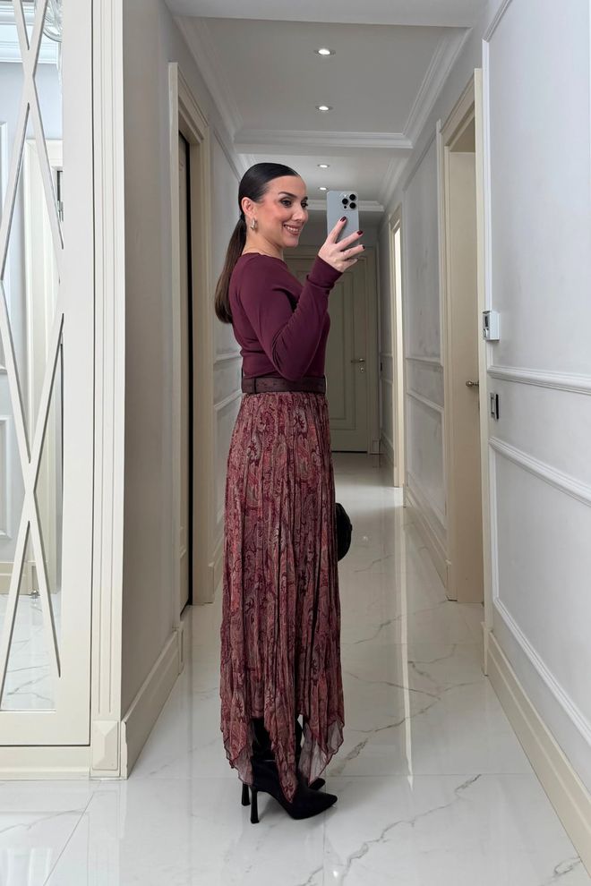 Tuba Claret Red Paisley Asymmetrical Maxi Skirt Wholesale Clothing 5