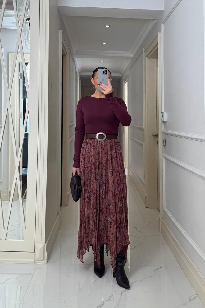 Tuba Claret Red Paisley Asymmetrical Maxi Skirt Wholesale Clothing 1