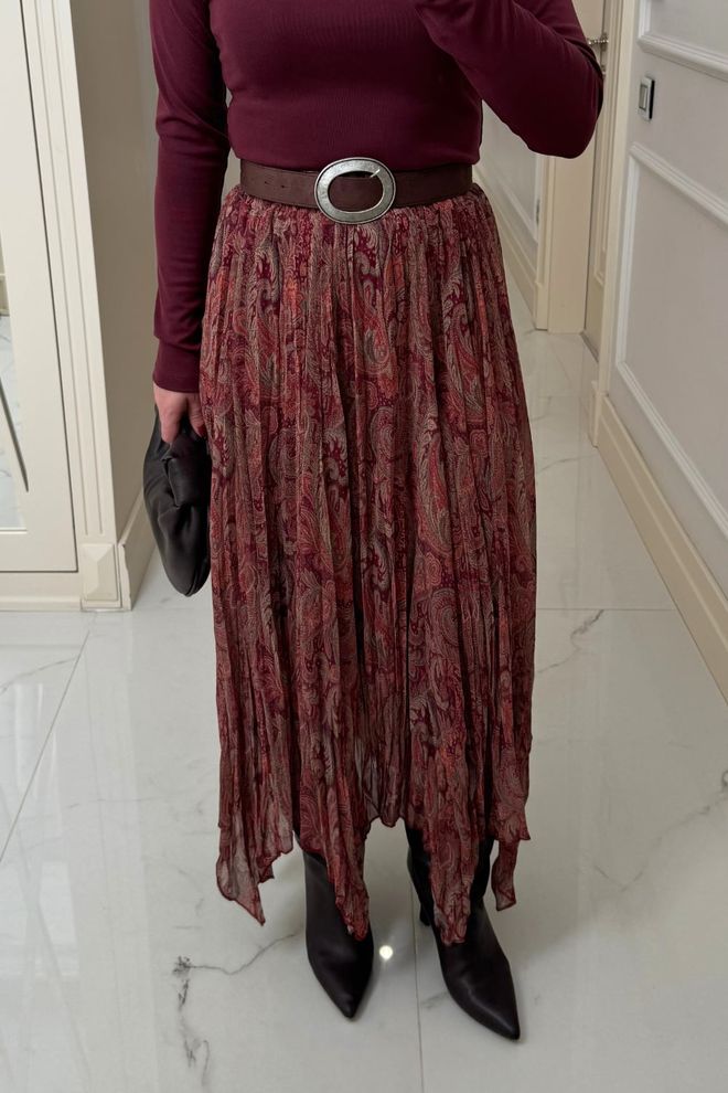 Tuba Claret Red Paisley Asymmetrical Maxi Skirt Wholesale Clothing Work