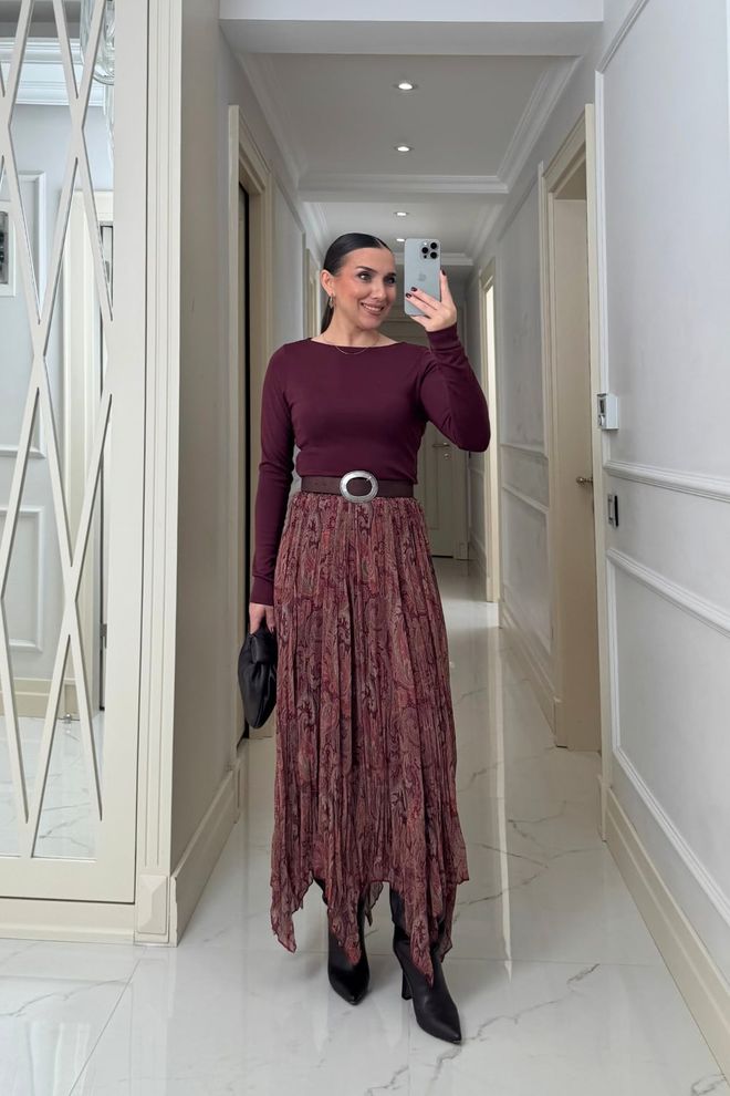 Tuba Claret Red Paisley Asymmetrical Maxi Skirt Wholesale Clothing Spring