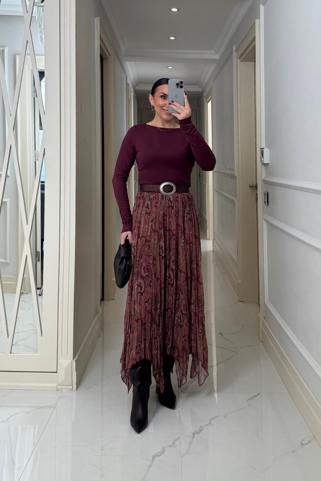 Tuba Bordeauxrode Paisley Asymmetrische Maxi Rok Met Hoge Taille Groothandel Kleding Bescheiden