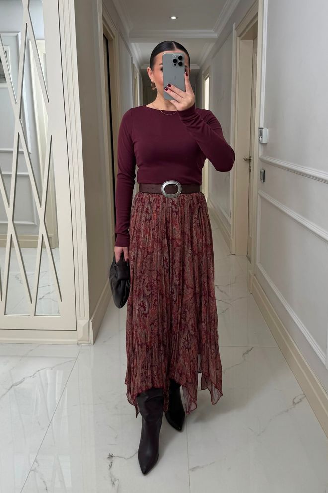 Tuba Claret Red Paisley Asymmetrical Maxi Skirt Wholesale Clothing Casual