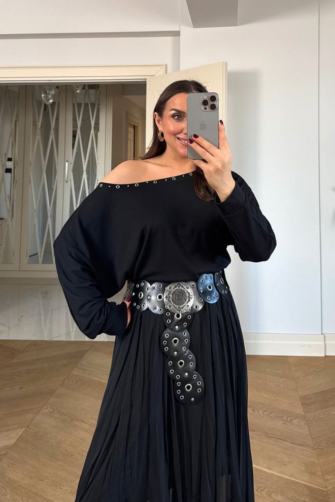 Tuba Boat Neck Long Sleeve Blouse Black Wholesale Clothing Casual