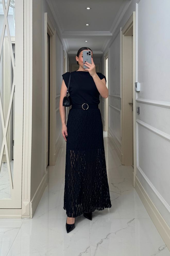 Tuba Black Elegant A Line Maxi Skirt High Waist Pull On Wholesale Clothing Work