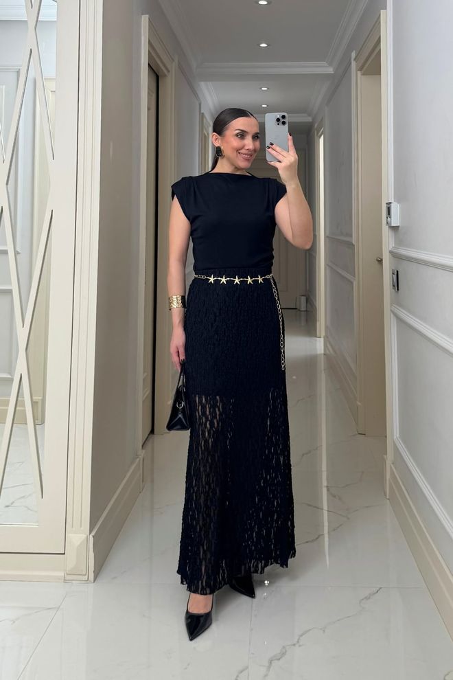 Tuba Black Elegant A Line Maxi Skirt High Waist Pull On Wholesale Clothing Sexy