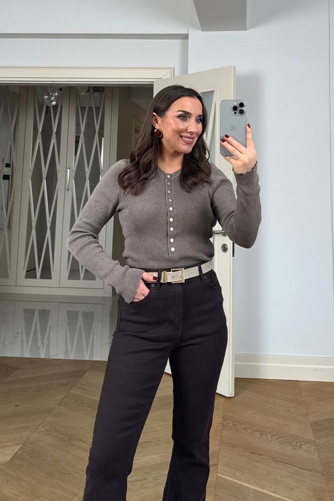 Tuba Brown Cardigan Slim Fit Buttoned Long Sleeve Wholesale Clothing 1