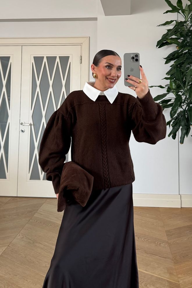 Tuba Brązowy Elegancki Sweter Z Rękawami Balonowymi Hurtowa sprzedaż odzieży Skromny