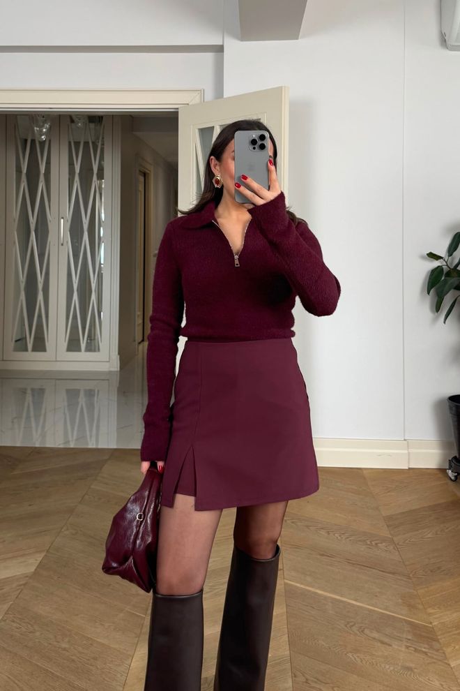 Tuba Claret Red A Line Mini Skirt High Waist Pull On Wholesale Clothing Sexy