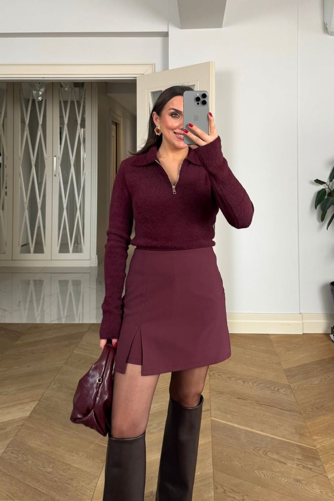 Tuba Fustă Roșu Bordo Tip A Line Mini Talie Înaltă Peste Cap Îmbrăcăminte cu ridicata Casual