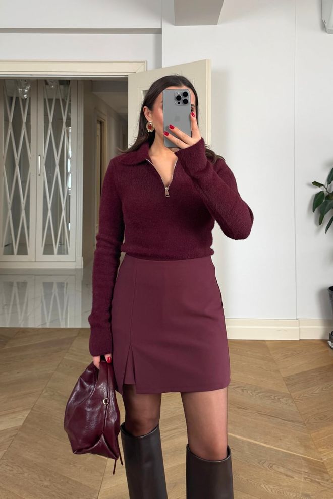 Tuba Claret Red A Line Mini Skirt High Waist Pull On Wholesale Clothing Fall