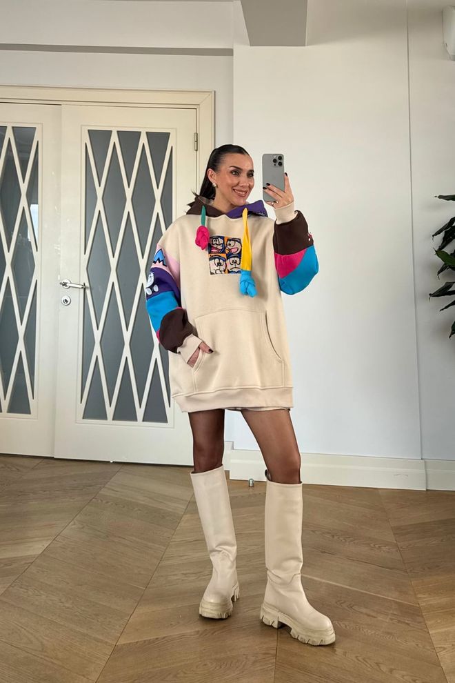 Tuba Beige Oversized Fit Hooded Sweatshirt Wholesale Clothing Casual