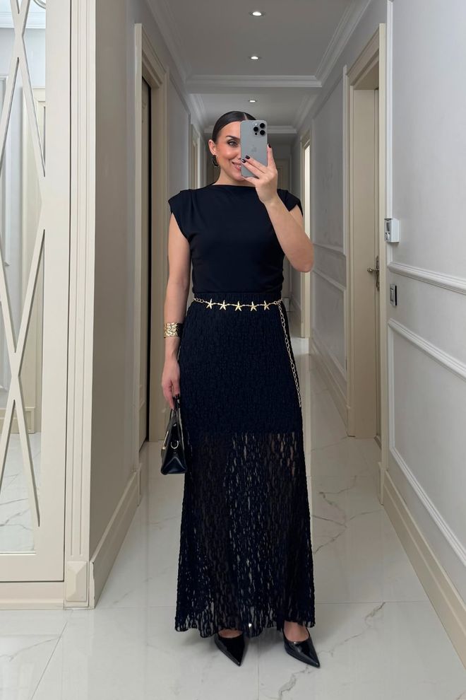 Tuba Black Elegant Formal Sexy Flared Maxi Skirt Wholesale Clothing Spring