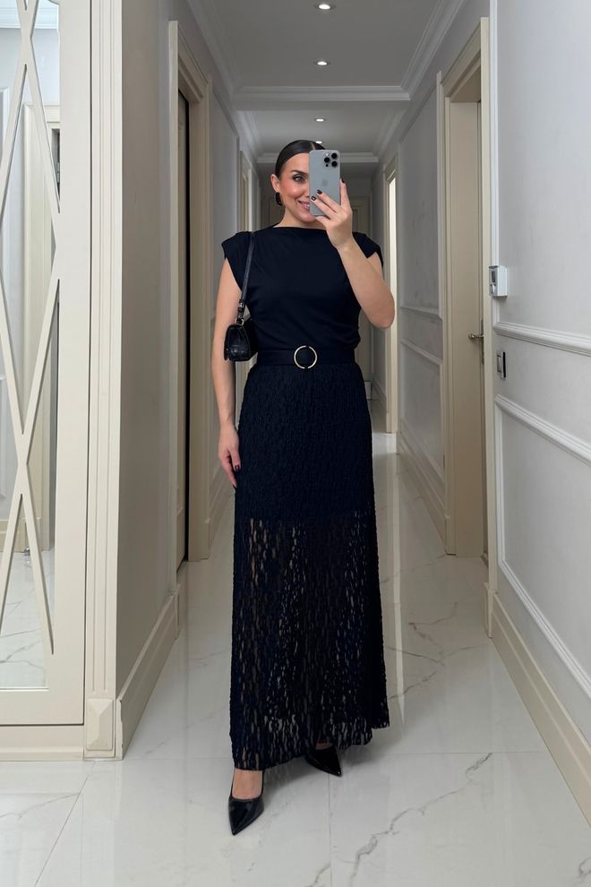 Tuba Black Elegant Formal Sexy Flared Maxi Skirt Wholesale Clothing 1