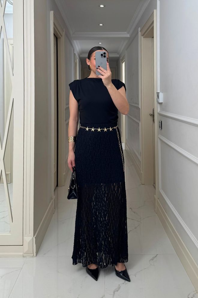 Tuba Black Elegant Formal Sexy Flared Maxi Skirt Wholesale Clothing Fall