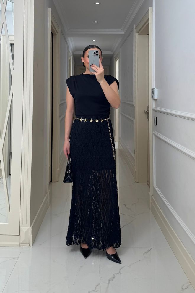 Tuba Black Elegant Formal Sexy Flared Maxi Skirt Wholesale Clothing Birthday