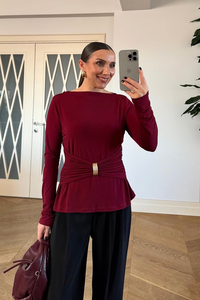 Tuba Boat Neck Long Sleeve Blouse Burgundy Wholesale Clothing Casual